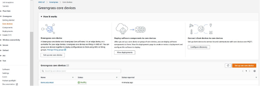 Figure 3: Greengrass Core device status from the AWS IoT Greengrass console in your specified AWS Region.