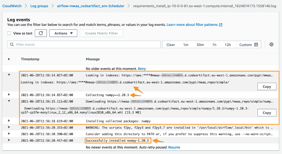 message in console log events showing succesfully installed numpy-1.20.3