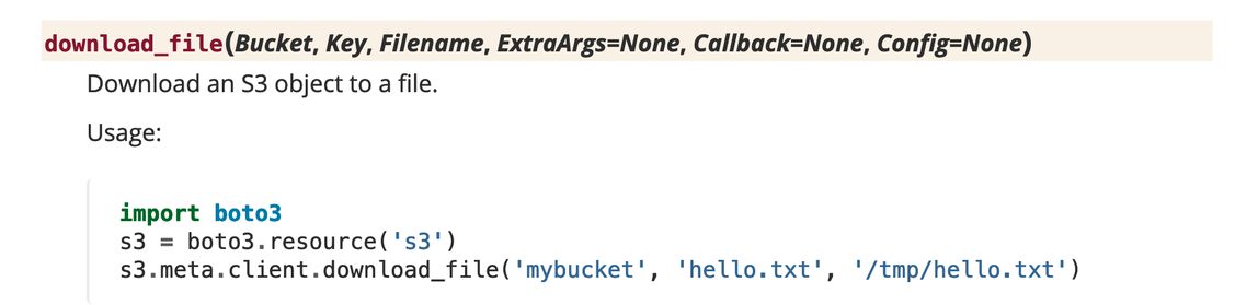 A screenshot of the boto3 manual entry for download_file, showing parameters and an example usage case