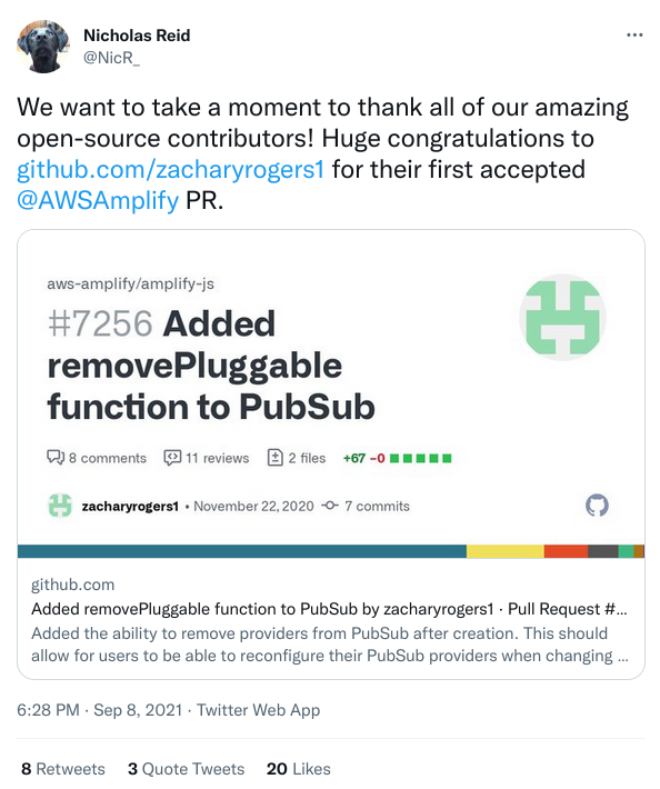 Screenshot of Nicholas Reid's tweet where he thanks open source contributors.