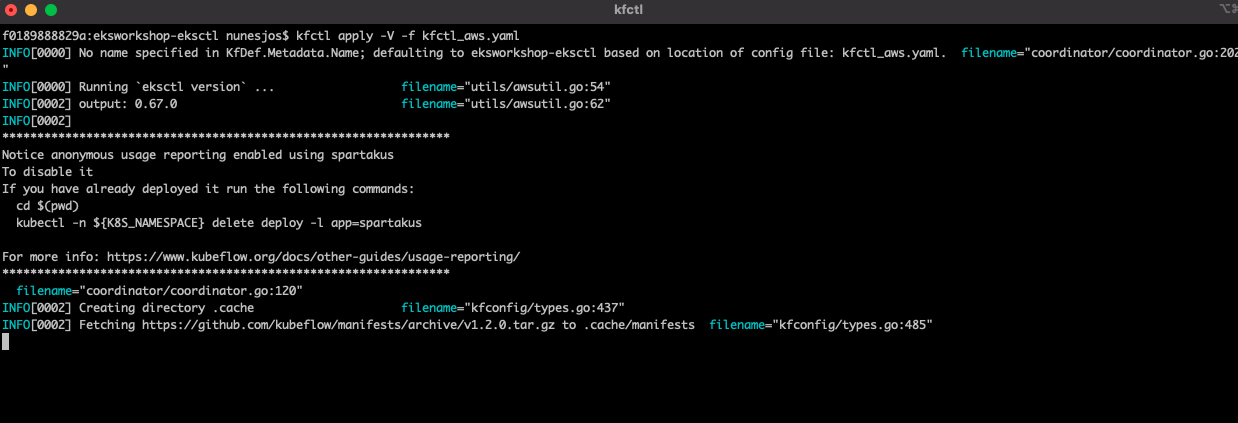 Screenshot showing kfctl output in a terminal window