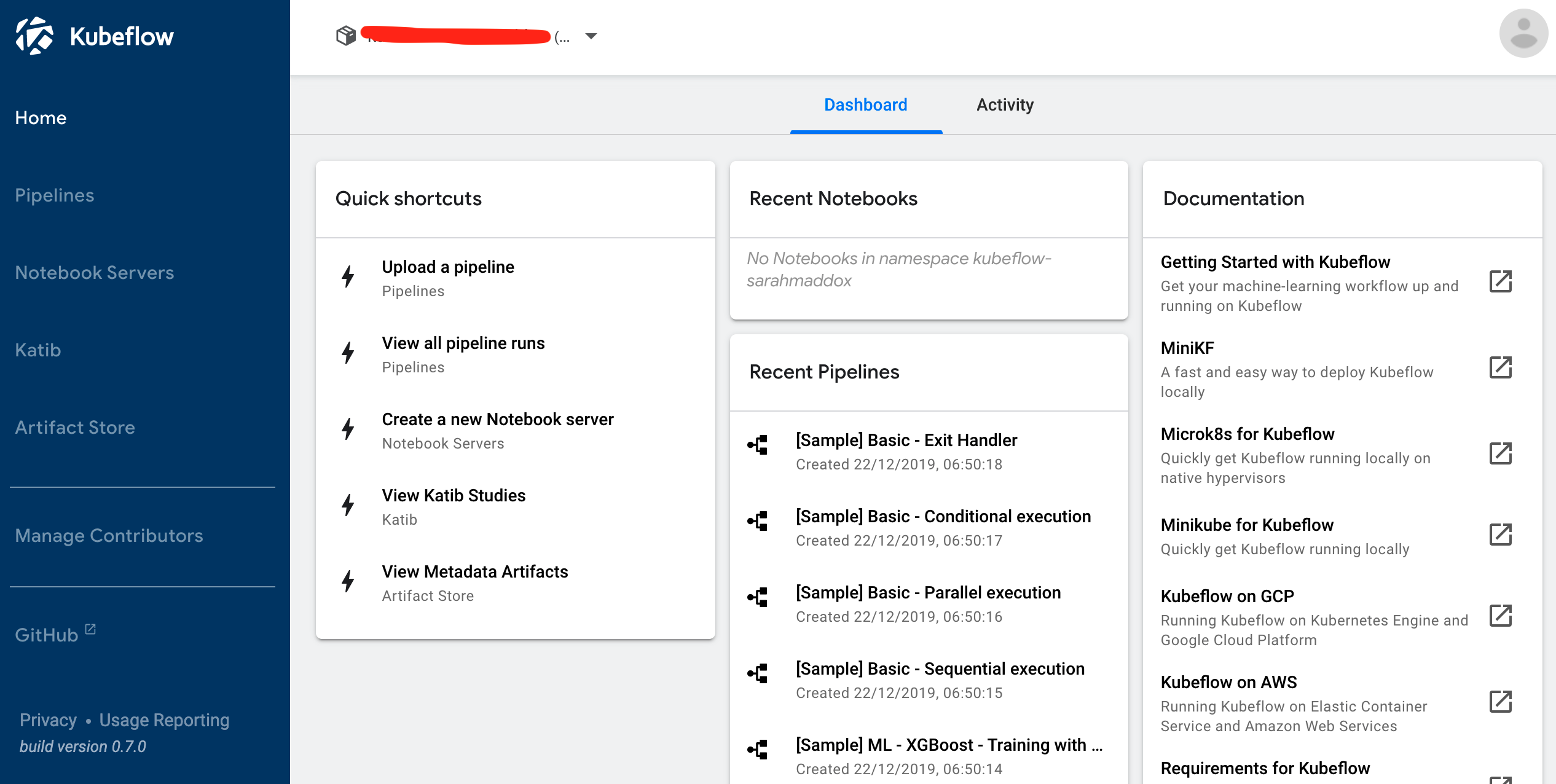 Screenshot showing Kubeflow Central Dashboard