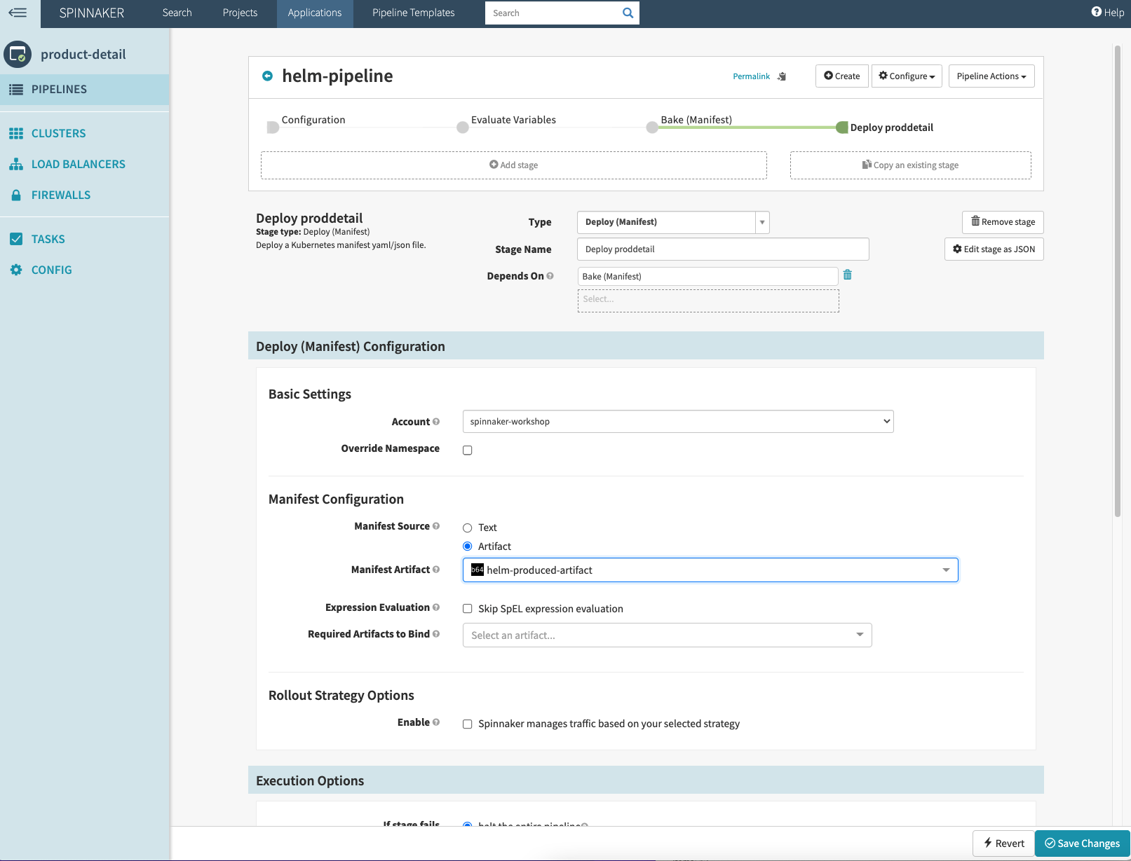 Spinnaker UI showing the customized Manifest Artifact setting