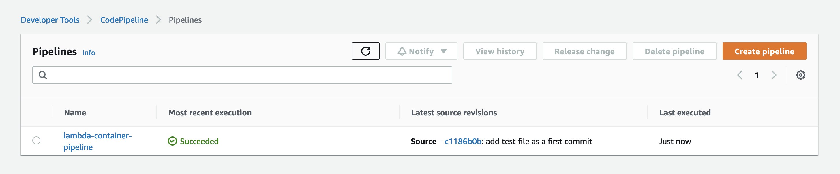 AWS Management Console showing the Pipelines screen, one visible Pipeline shows the Most recent execution status as Succeeded