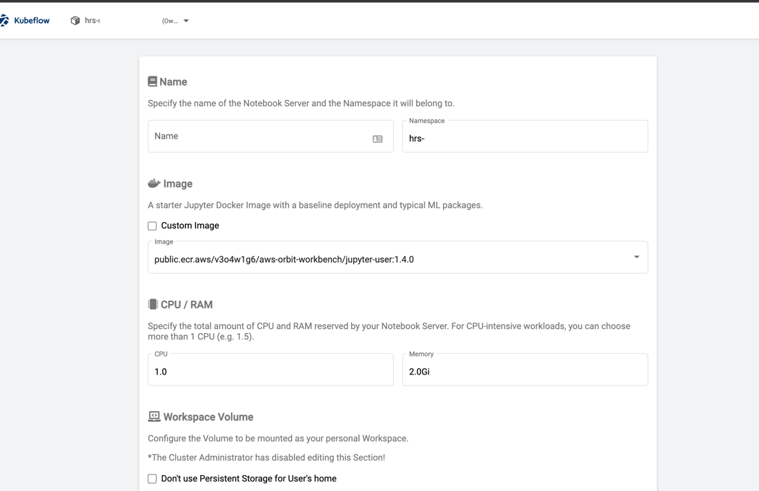 Screenshot of the Kubeflow web UI showing the configuration of a Notebook Server