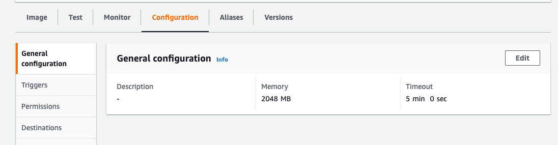 Screenshot showing memory and timeout settings in Lambda console.