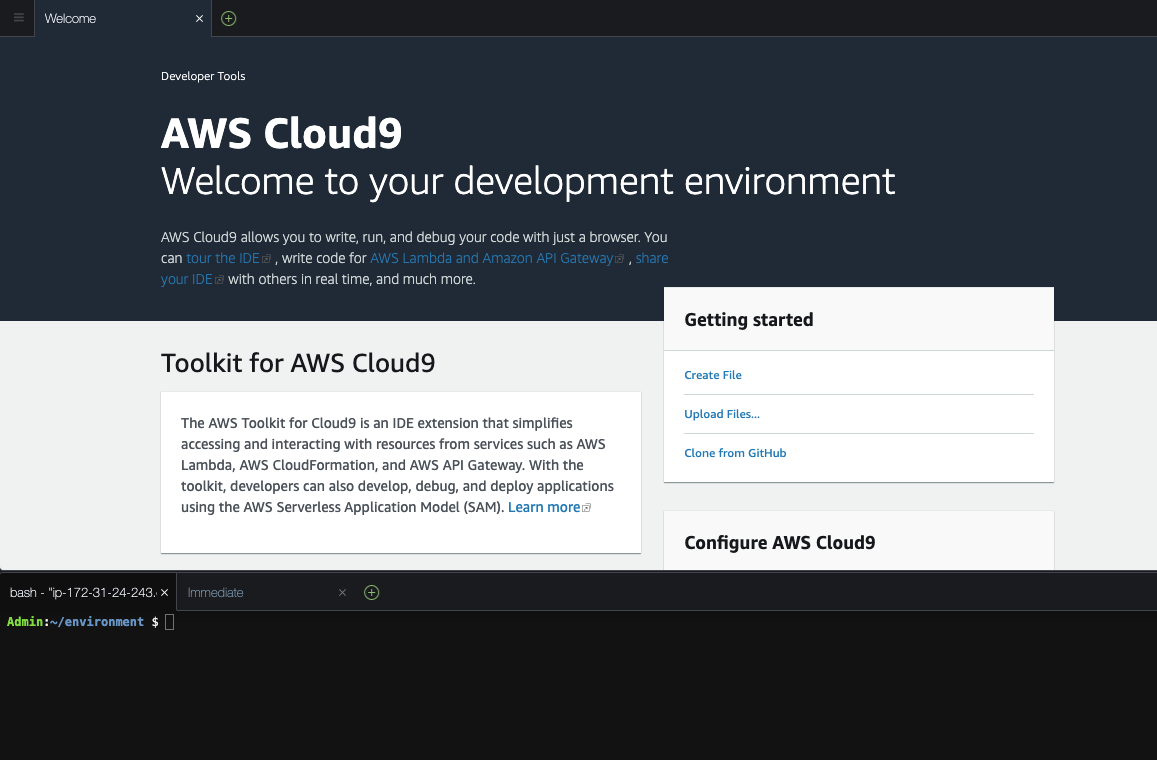 Screenshot of AWS Cloud9 web console, showing terminal window