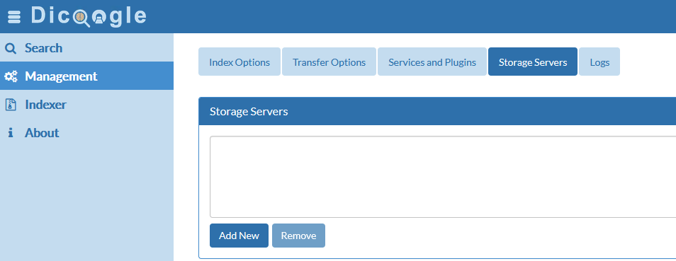 Screenshot of Dicoogle console showing the Storage Servers dialog