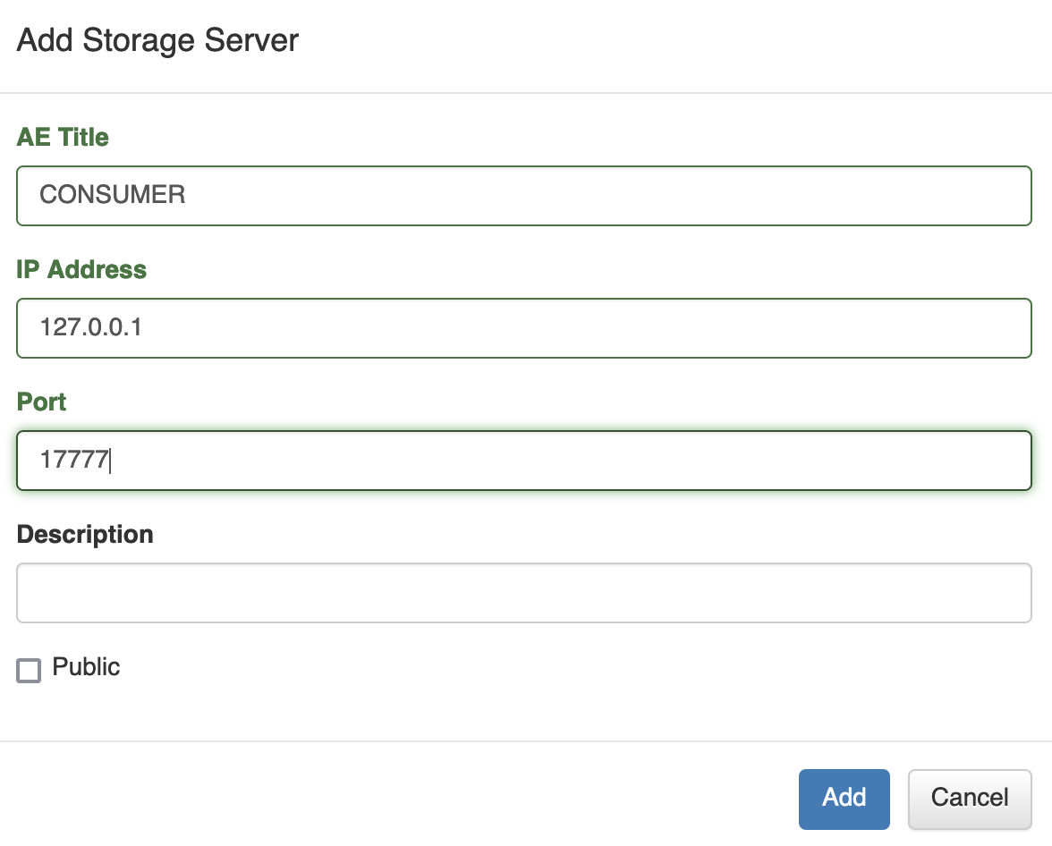 Screenshot of the specific values to enter into the Dicoogle Add Storage Server dialog