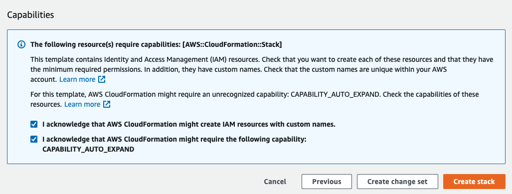 Screenshot of CloudFormation service console showing necessary Capabilities configuration settings