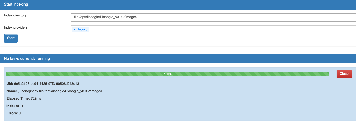 Screenshot of Dicoogle web console showing Indexer status and settings