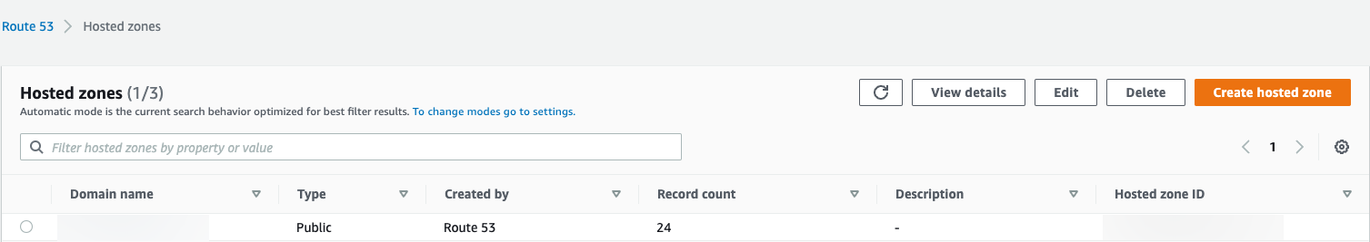 Screenshot from the Route 53 webconsole showing the Hosted zones