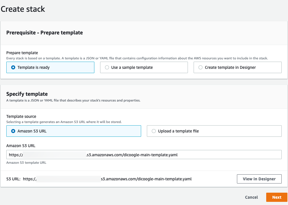 Screenshot showing CloudFormation service console, specifically how to create a stack