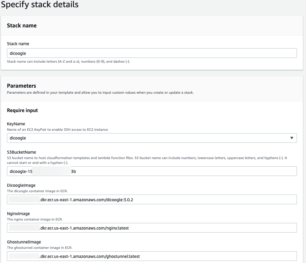 Screenshot of CloudFormation service console with stack details specified