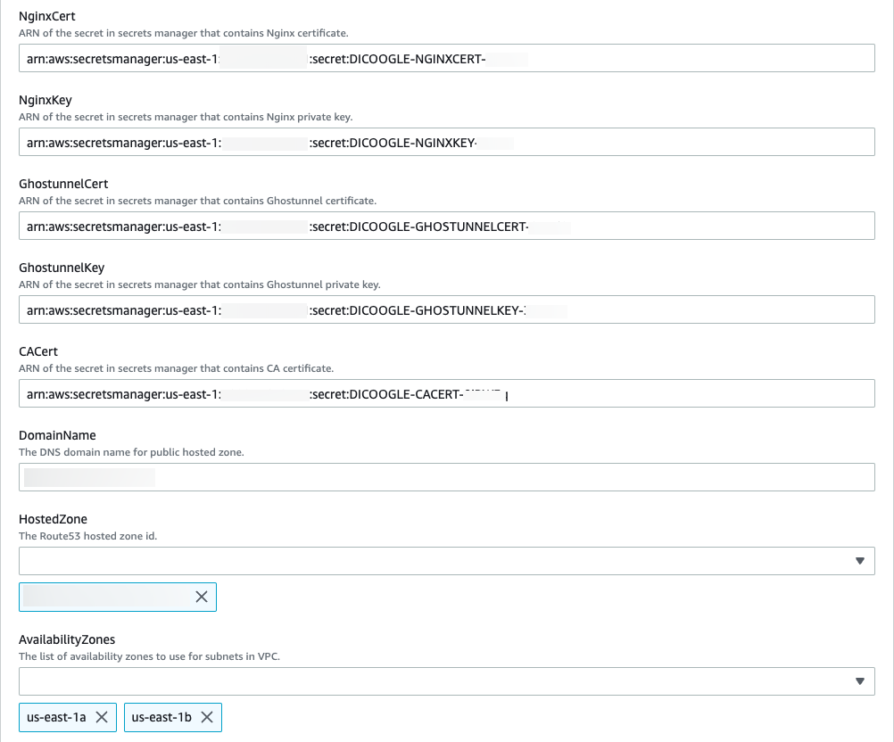 Screenshot of CloudFormation service console with the rest of the specified stack details (continued from previous image)