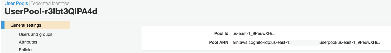 Screenshot from Amazon Cognito service console showing the correct user pool