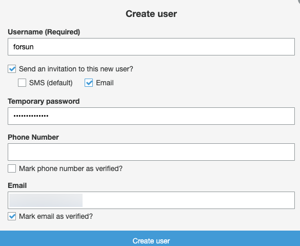 Screenshow from Amazon Cognito service console showing how to create a user