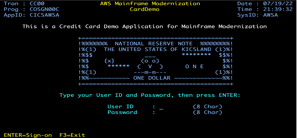 CardDemo application login screenshot