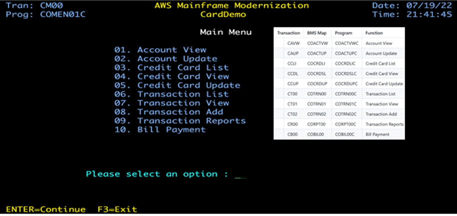 CardDemo screen for a back-office user