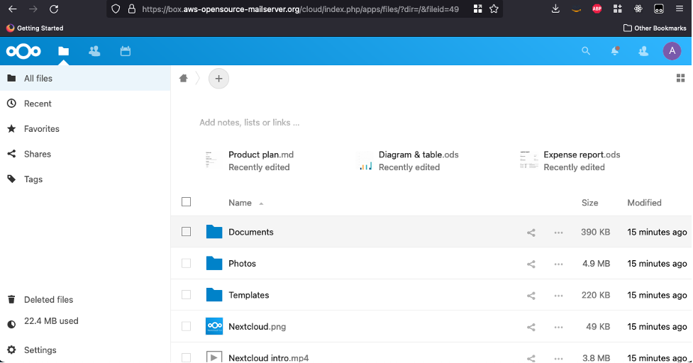 Nextcloud access screen