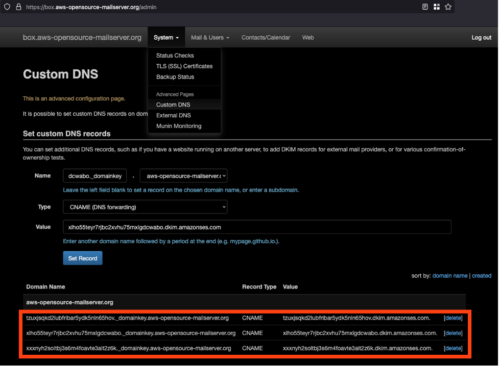 Custom DNS CNAME untuk Amazon SES pada web admin dashboard