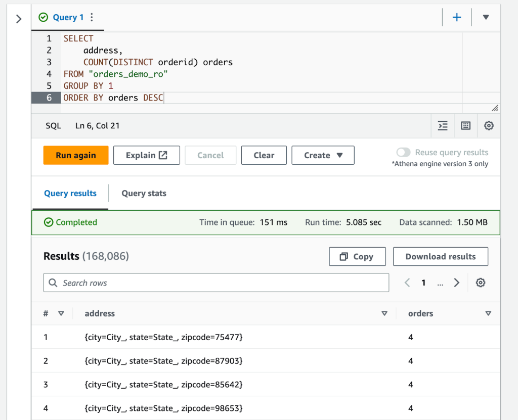 Athena query screenshot