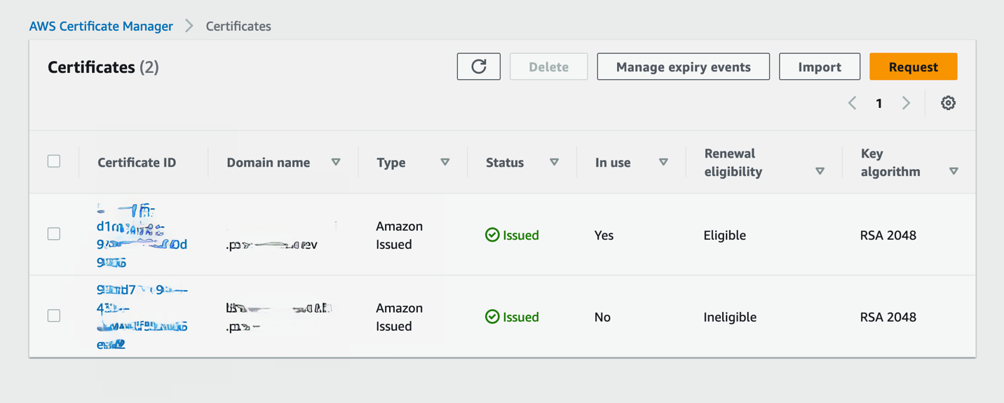 AWS Certificate manager section screenshot