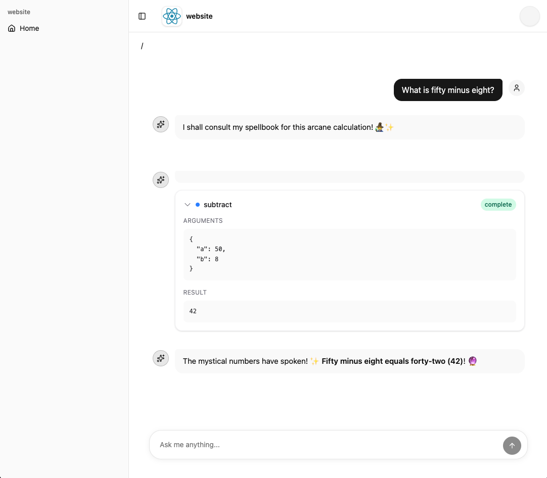 React chat interface showing a CopilotKit conversation with a Strands agent performing a subtract tool call