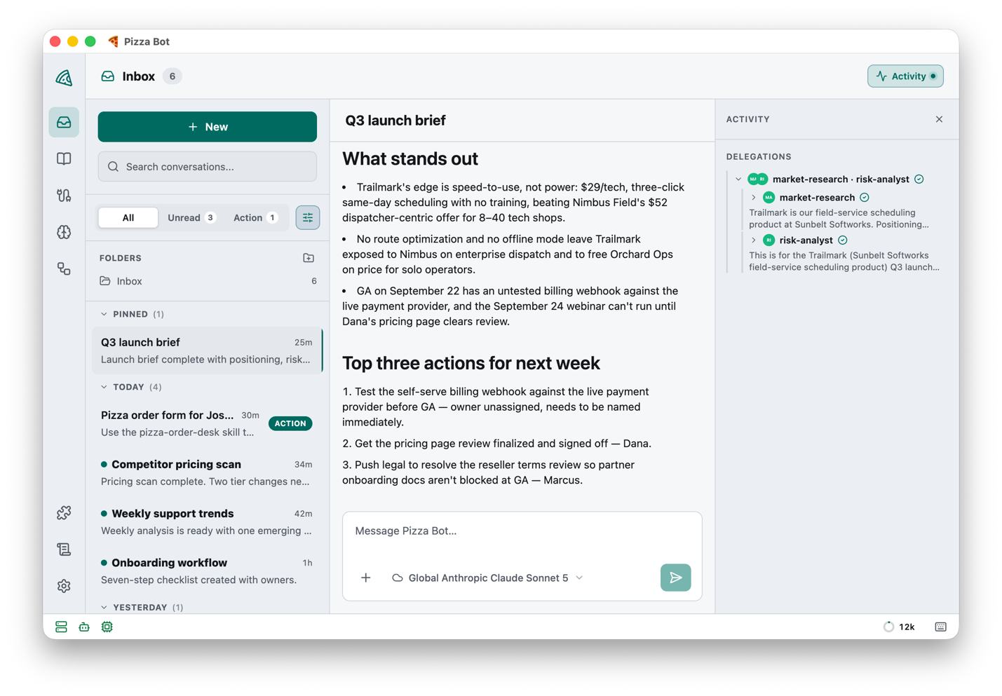 Screenshot of the Pizza Bot inbox showing a thread list with unread work and one thread awaiting approval, a completed brief open in the reading pane, and an Activity panel listing two delegated specialist workers.