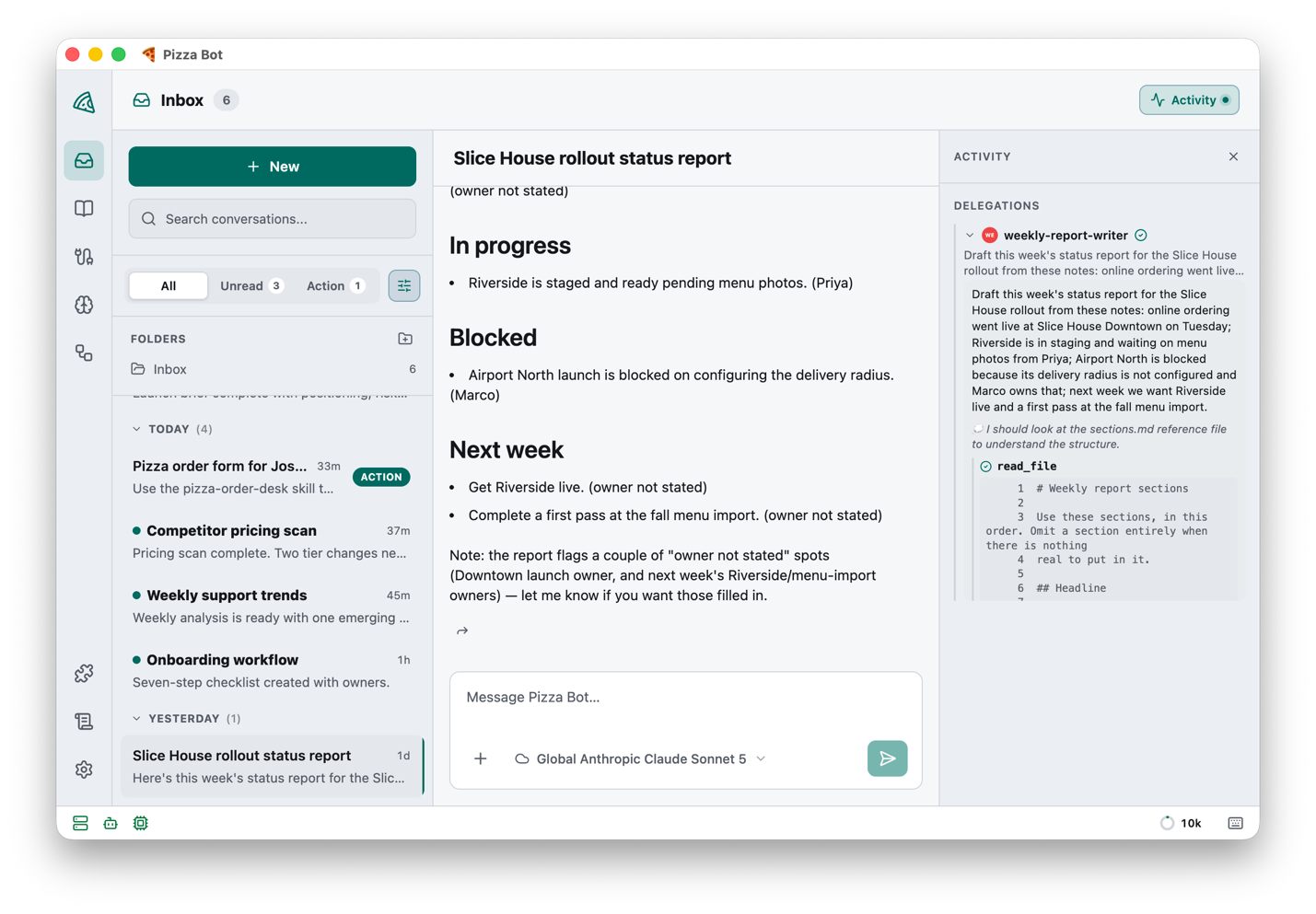 Screenshot of the Pizza Bot Activity panel with a delegated skill worker expanded, showing the worker's own tool calls and transcript beside the main thread.