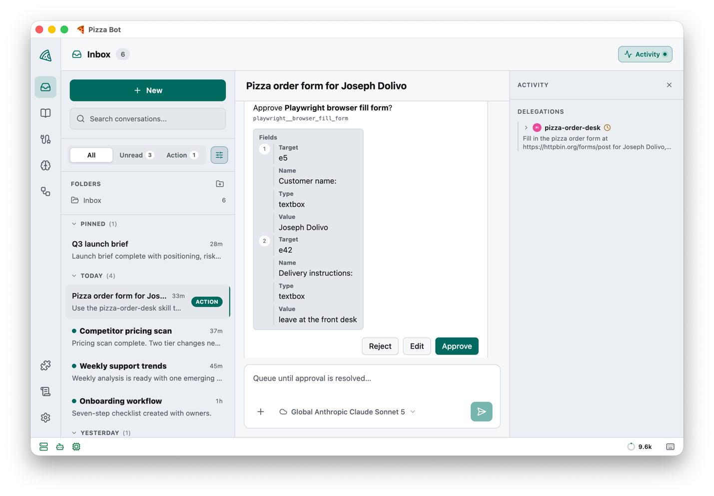 Screenshot of the Pizza Bot Action queue with an approval card expanded, showing the exact field values a proposed action would submit above approve, edit, and reject buttons.