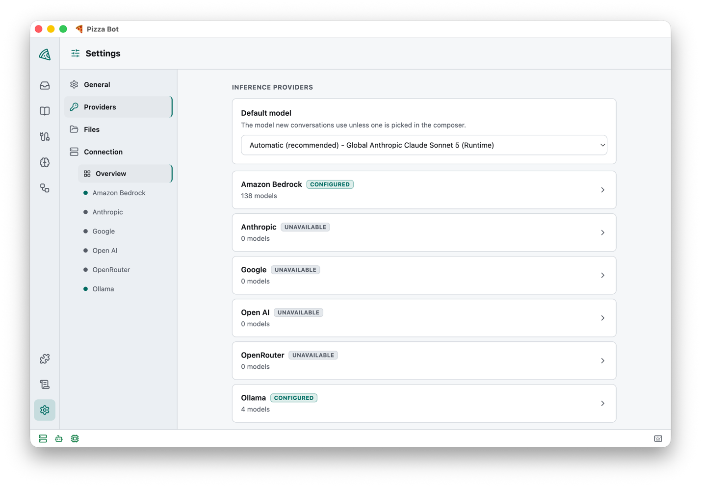Screenshot of Pizza Bot settings showing several model providers with one configured, including credential fields and a default model selector.
