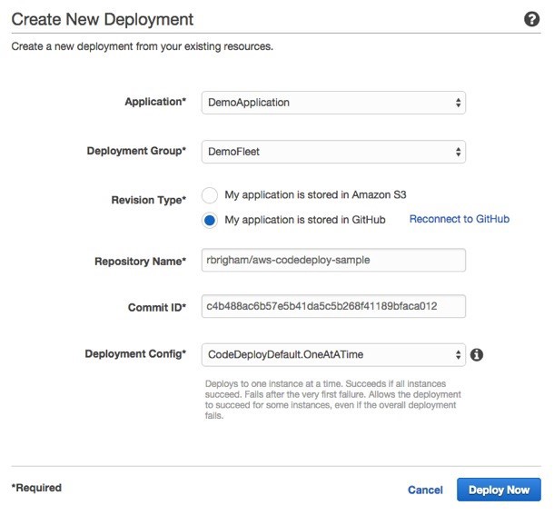 AWS CodeDeploy form