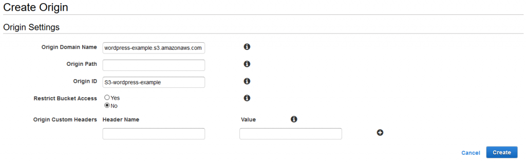 CloudFront Create Origin page