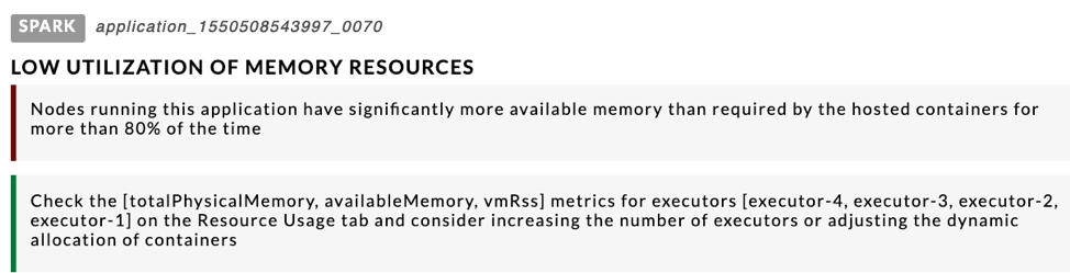 Memory utility example of how Unravel Data provides optimization suggestions, insights, and recommendations around resource consumption