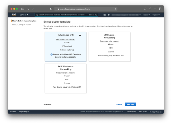 Amazon ECS Console. Launching a new cluster.