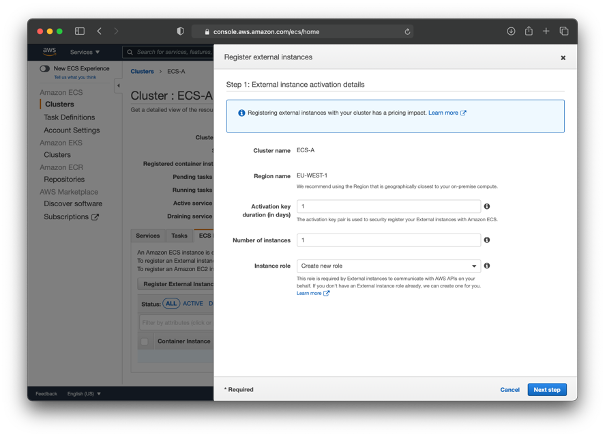 Amazon ECS Console. Registering external instances.