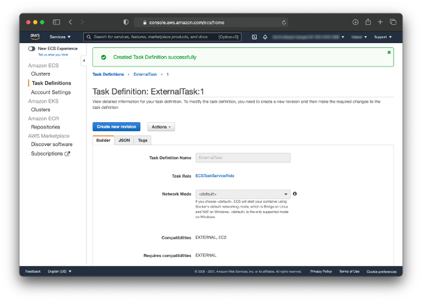 Amazon ECS Console. Creating a new Task Definition.