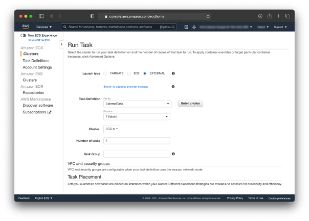 Amazon ECS Console. Run a task.