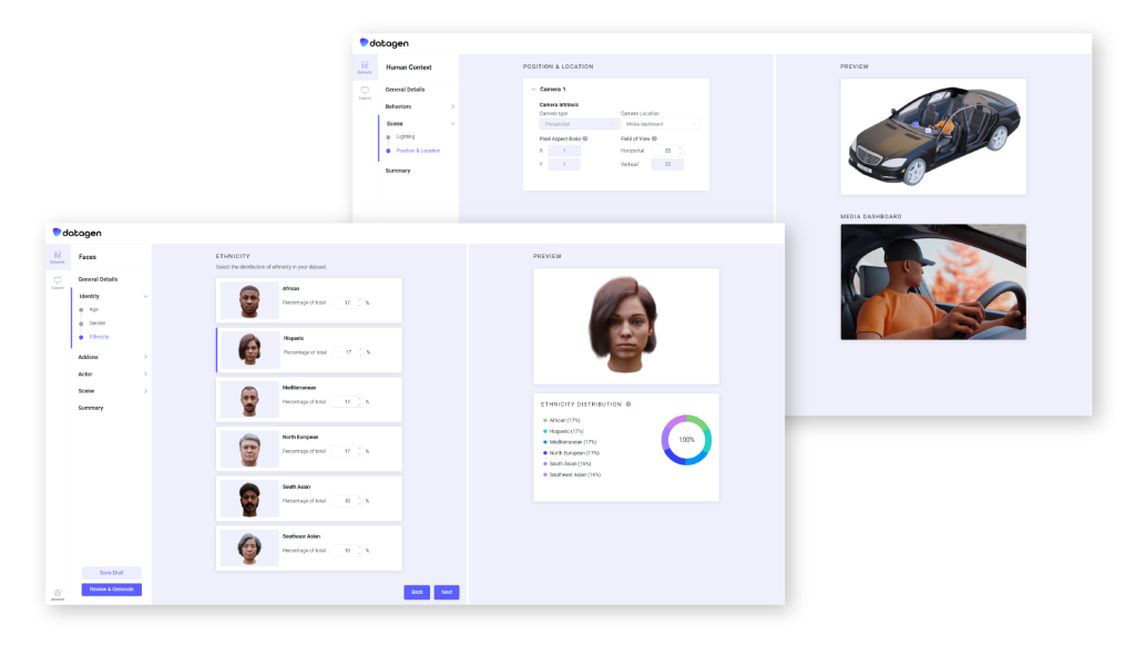 Image of the DataGen platform and an example of generated synthetic data