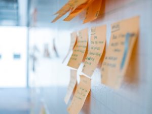 Wall with multi-coloured sticky notes capturing a project plan