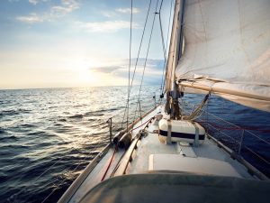 View from a sailboat titled by the wind