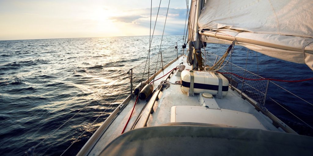 View from a sailboat titled by the wind