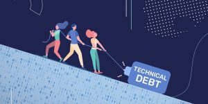 Illustration of several people dragging a large weight labeled "technical debt" up a hill