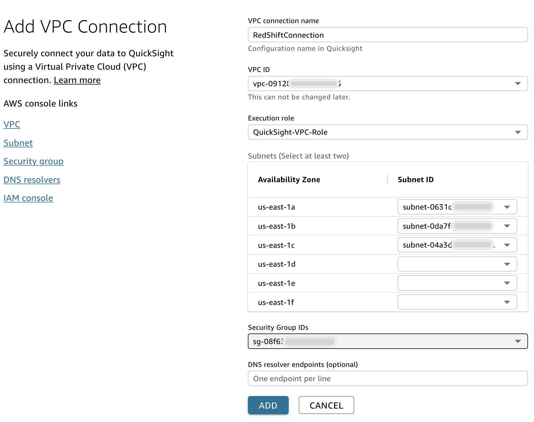 Figure 3: Configure VPC connection details