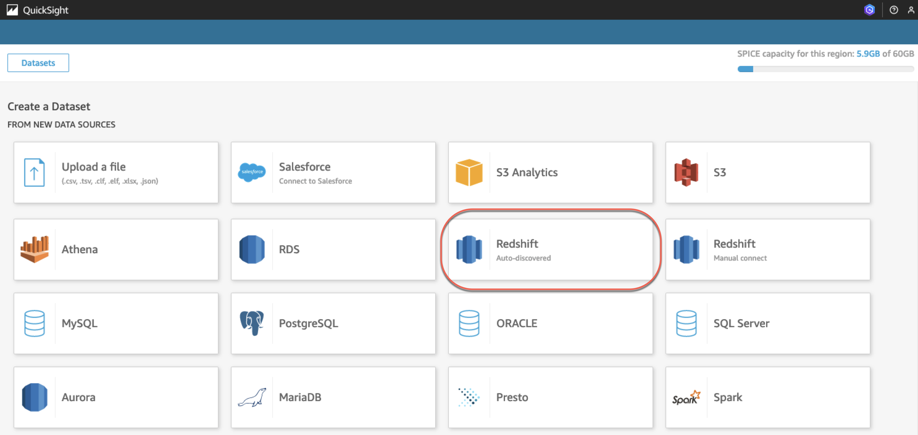 Figure 5: Choose Redshift (Auto-discovered) for the data source type