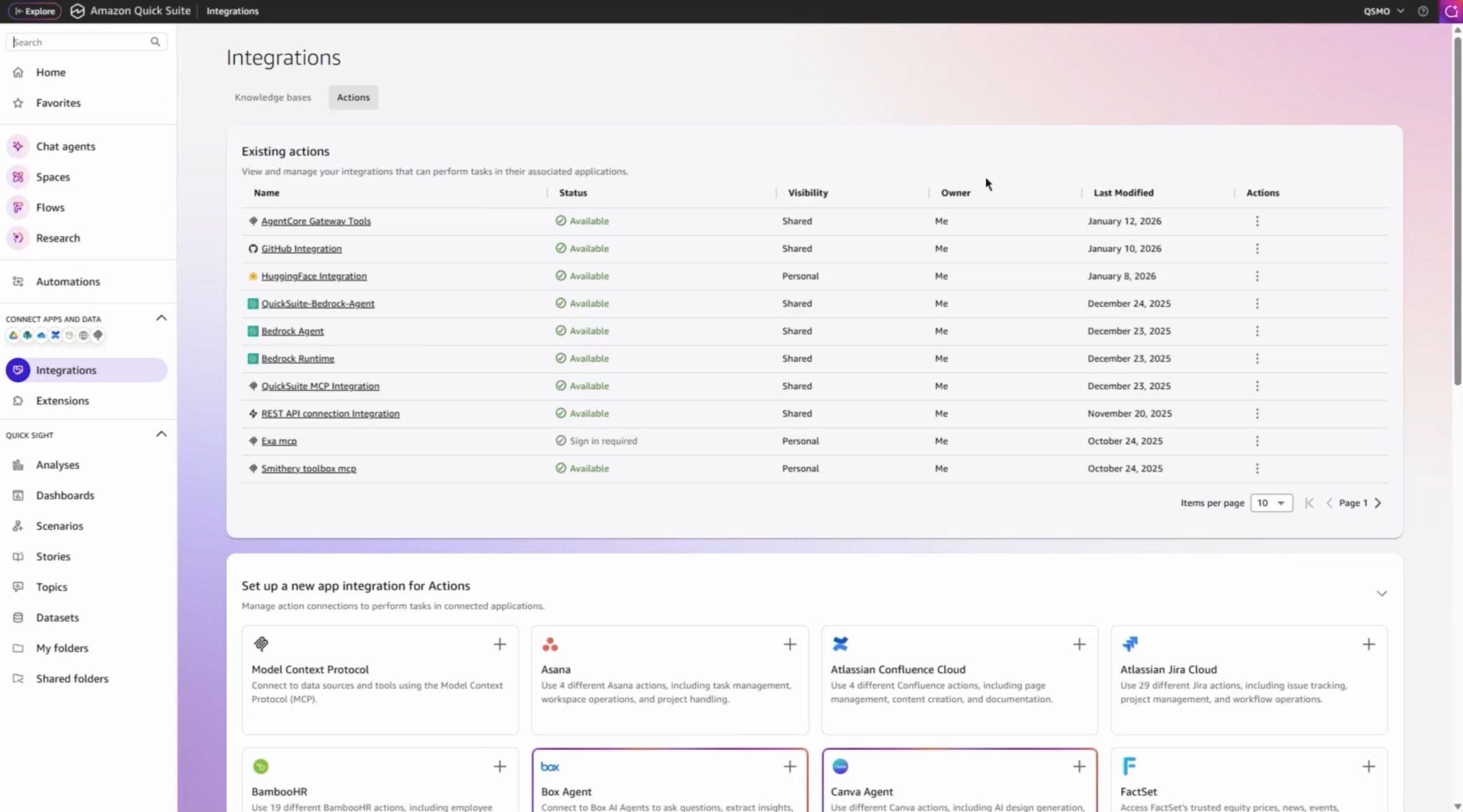 Amazon Quick Integrations interface displaying a table of existing integrations with details on name, status, visibility, owner, and last modified date. Options to set up new app integrations for actions with third-party tools such as Asana, Atlassian Confluence Cloud, Atlassian Jira Cloud, BambooHR, Bix Agent, Calva Agent, and FactSet.