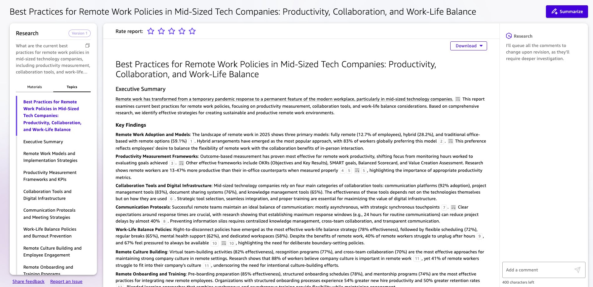 Screenshot of a detailed report titled 'Best Practices for Remote Work Policies in Mid-Sized Tech Companies: Productivity, Collaboration, and Work-Life Balance.' The report covers key findings on remote work adoption models, productivity measurement frameworks, collaboration tools, communication protocols, work-life balance policies, and remote culture building. It highlights hybrid work as the most preferred model and emphasizes the importance of clear communication and structured onboarding processes for remote employees.