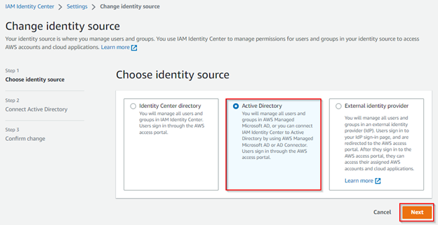 Escolha o Active Directory como fonte de identidade