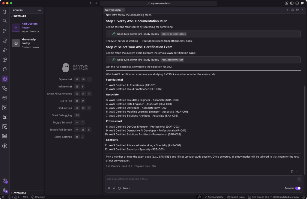 Kiro chat showing the Study Buddy presenting a numbered list of AWS certification exams grouped by level, then confirming the selected exam's domains, question count, time limit, and passing score